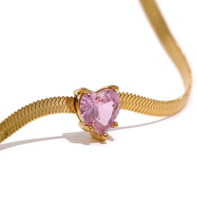 Snake Chain Necklace with Pink Heart Pendant