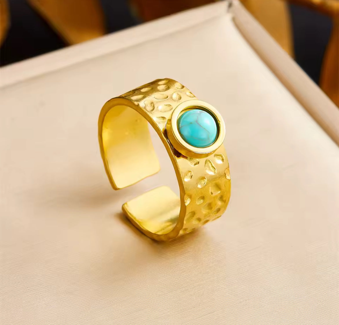 Hammered Ring with Turquoise Stone - Adjustable Open Band