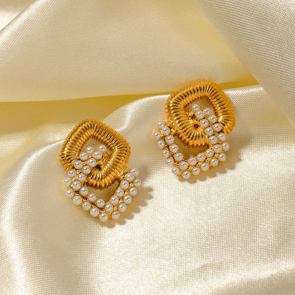 Pearl & Threaded Square Earrings