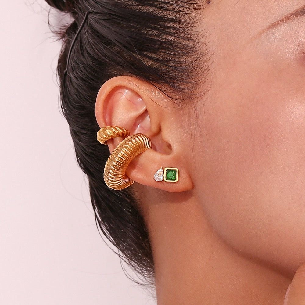 Elegant Square Green Stone & Teardrop Diamond Look Studs