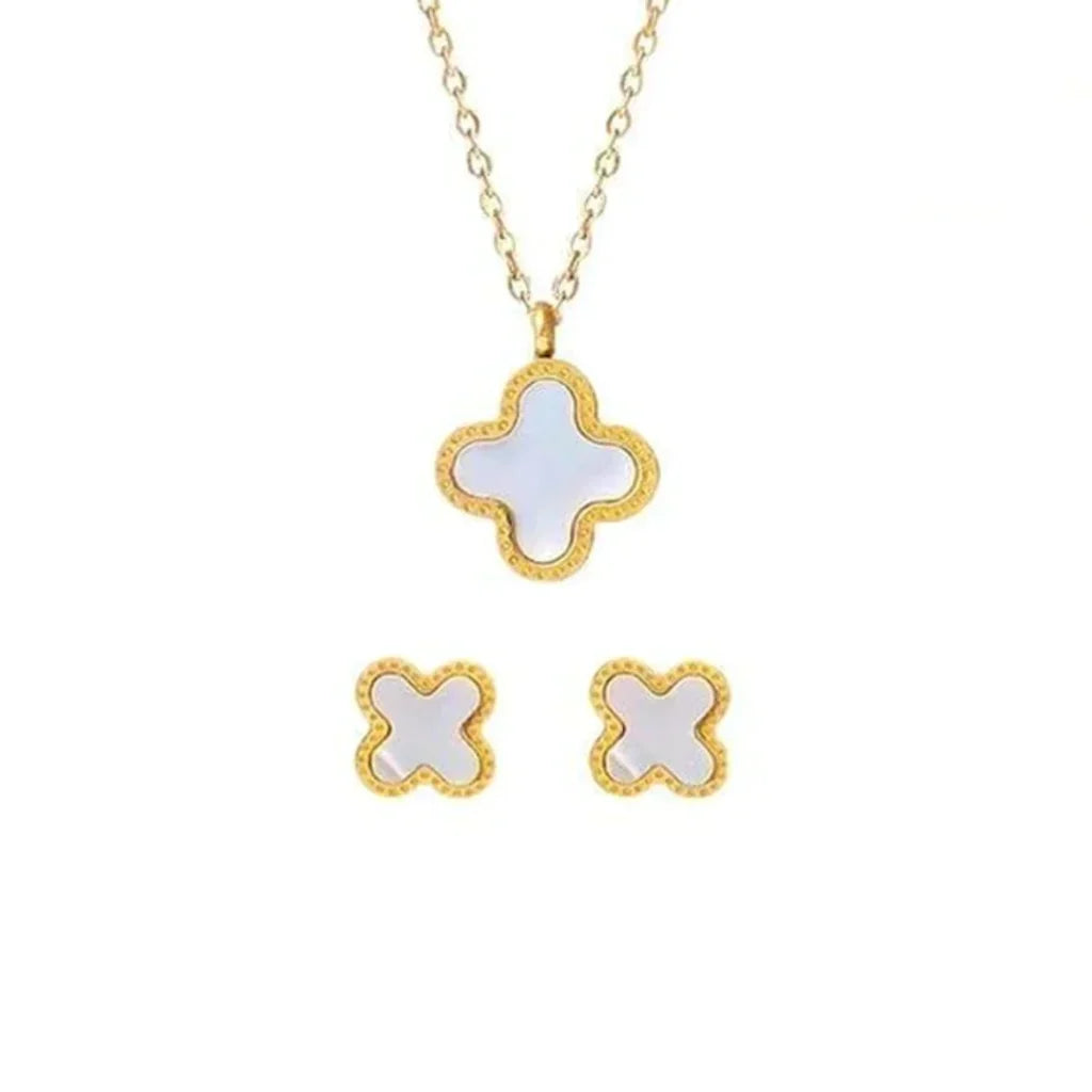 Four Leaf Clover 2 Sided Pendant With Ear Studs (White) 2Pcs Set