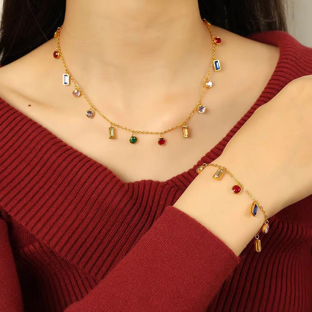 Elegant Multi-Color Gemstone Charm Necklace & Bracelet Jewellery Set