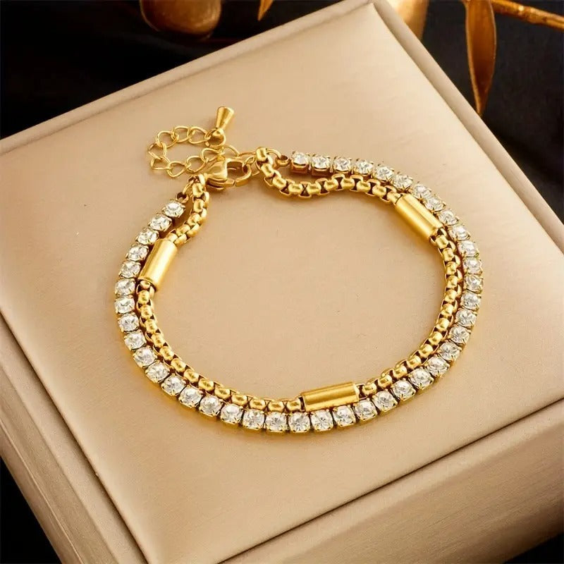 Double Chain Sparkling Rhinestones Bracelet