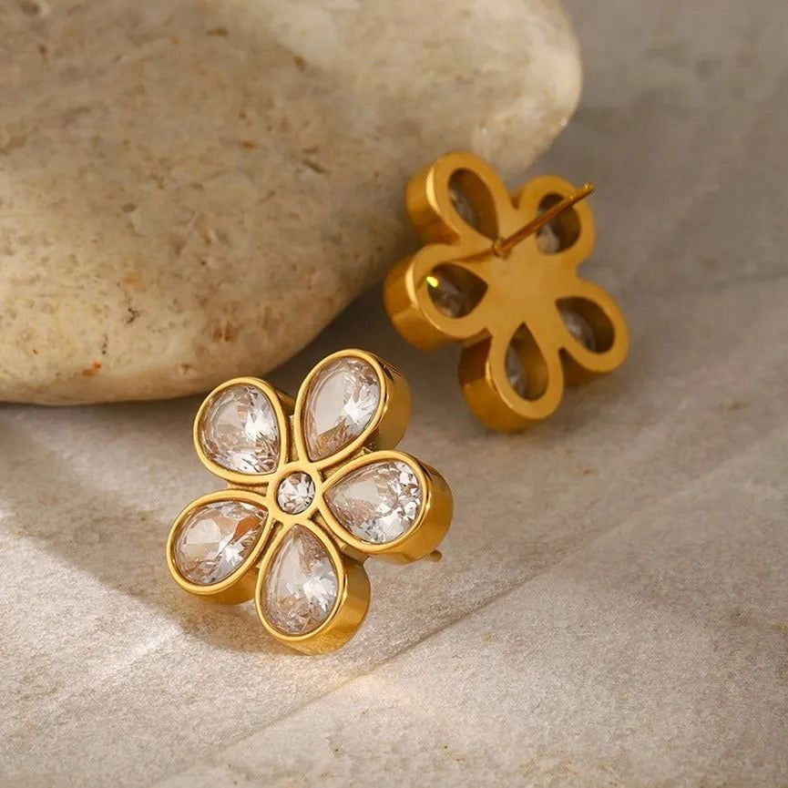 Crystal Stone Flower Stud Earrings