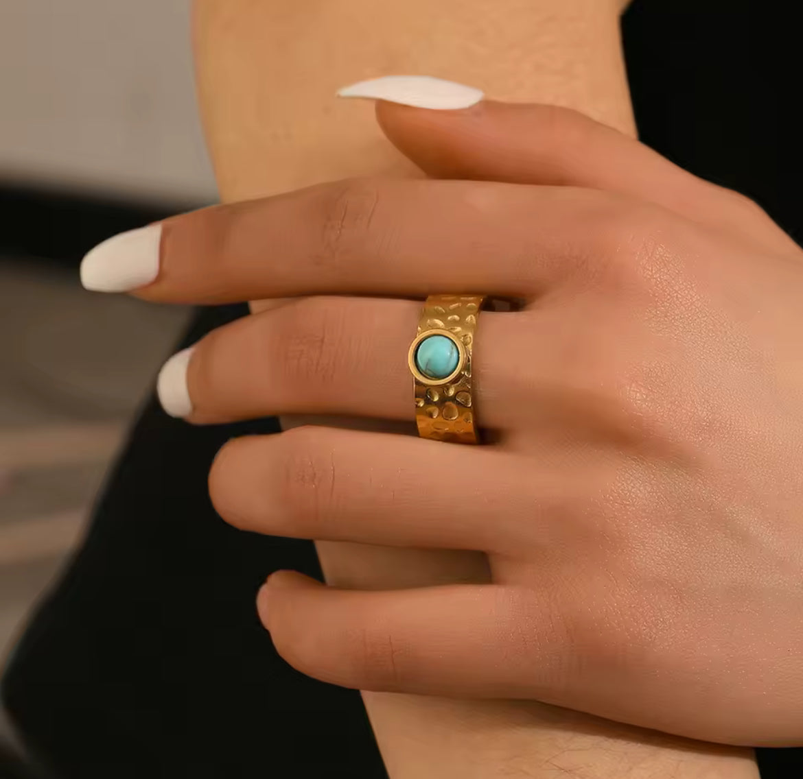Hammered Ring with Turquoise Stone - Adjustable Open Band