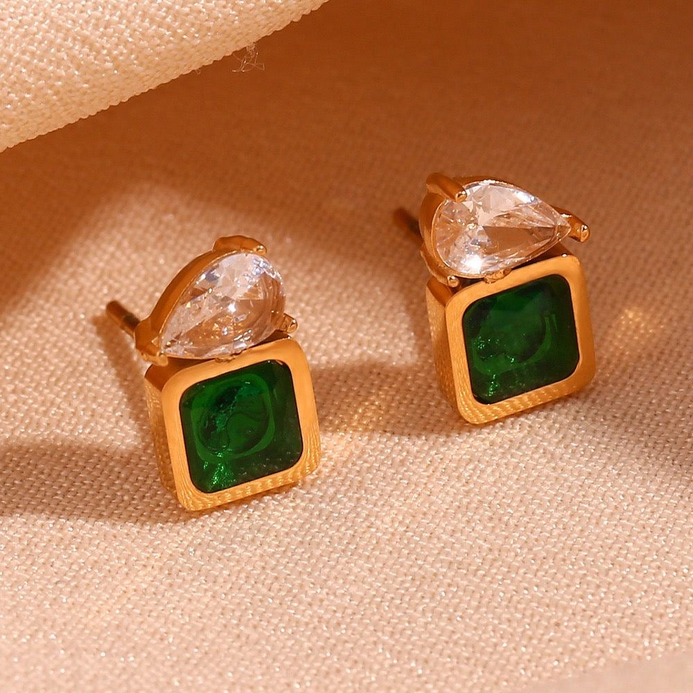 Elegant Square Green Stone & Teardrop Diamond Look Studs