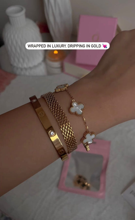 Cart Love Bangle With Rowena & White Clover Bracelet Stack Trio Set