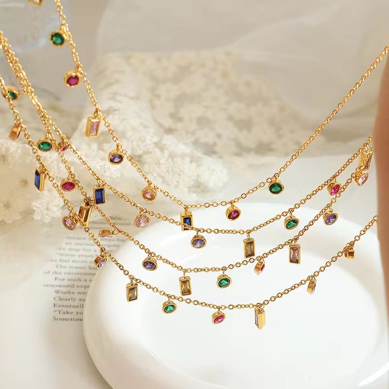 Elegant Multi-Color Gemstone Charm Necklace & Bracelet Jewellery Set