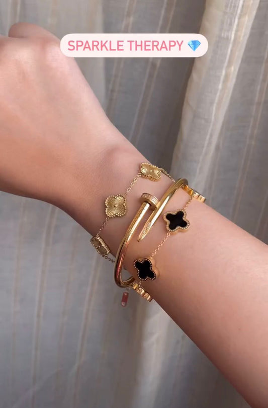 Cart Nail Bangle With Golden & Black Clover Bracelet Stack Trio set