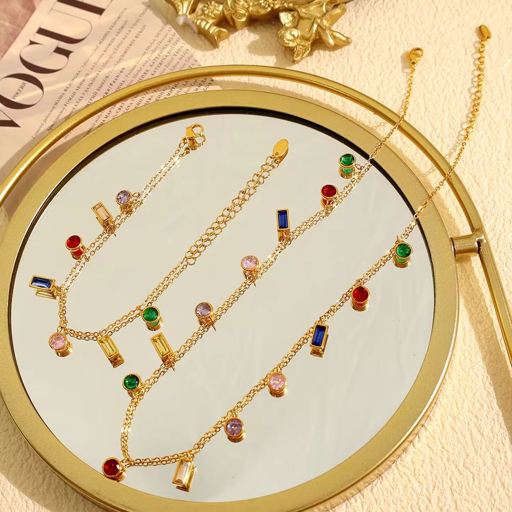 Elegant Multi-Color Gemstone Charm Necklace & Bracelet Jewellery Set