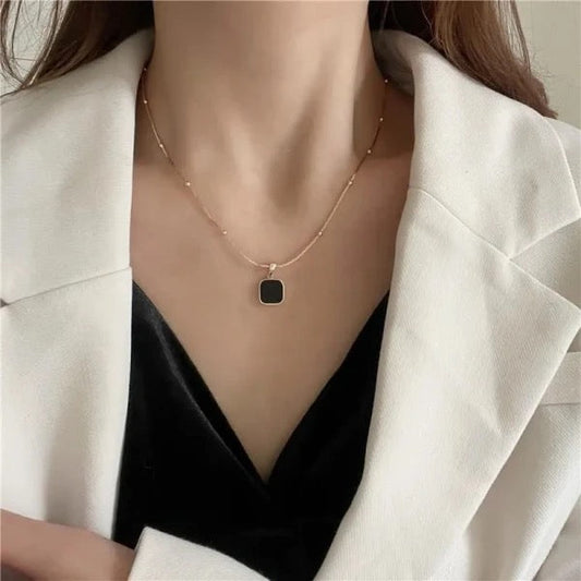 Beaded Chain Necklace with Black Square Pendant