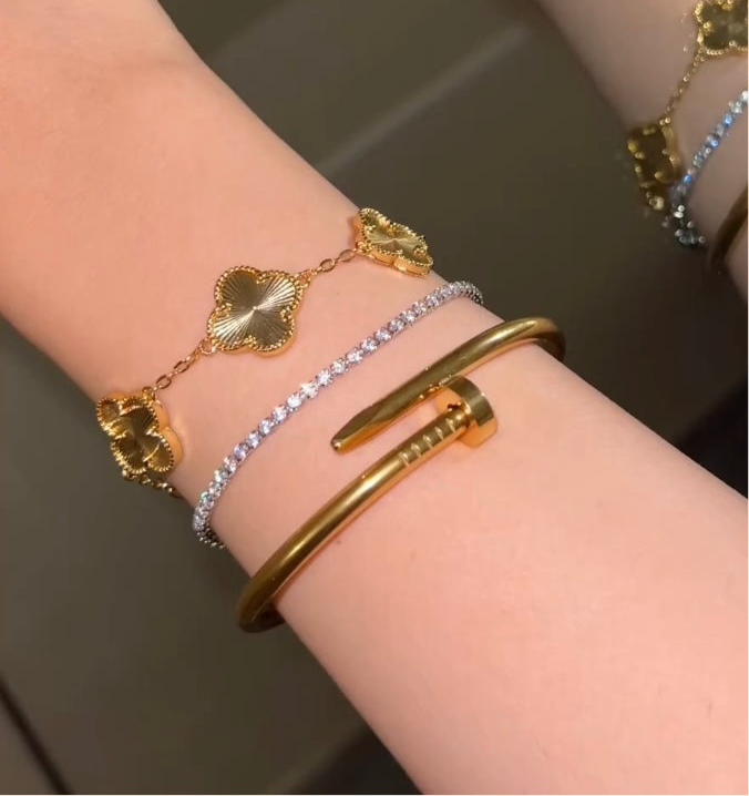 Cart Nail Bangle With Golden Clover & Silver Tennis Bracelet