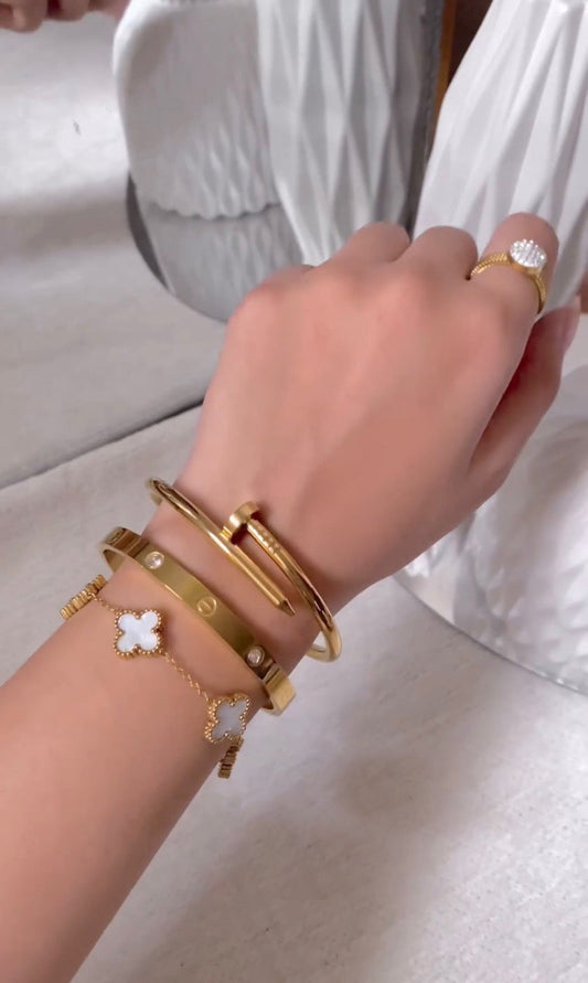 C Love & Nail Bangle With White Clover Bracelet Stack Trio set