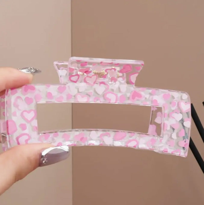 3pcs Set Cute Floral & Heart Transparent Pink Hair Claw Clips