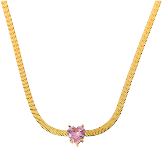 Snake Chain Necklace with Pink Heart Pendant