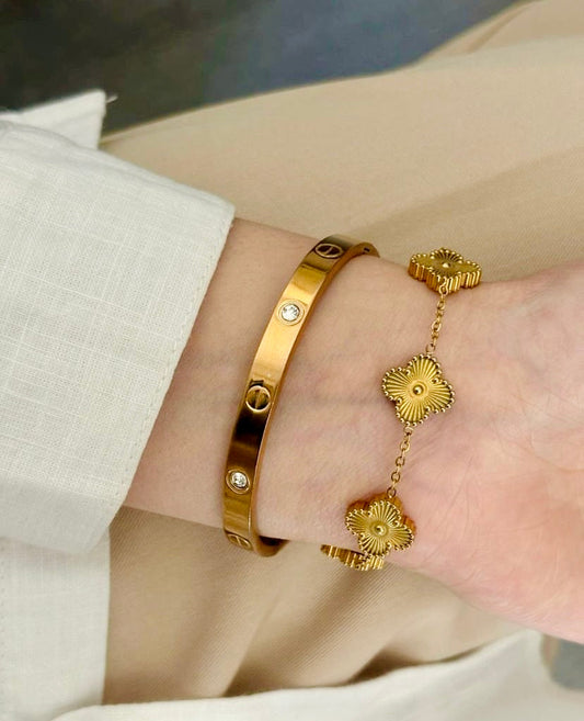 Love Bangle with Golden Clover Bracelet Stack Set