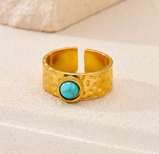 Hammered Ring with Turquoise Stone - Adjustable Open Band
