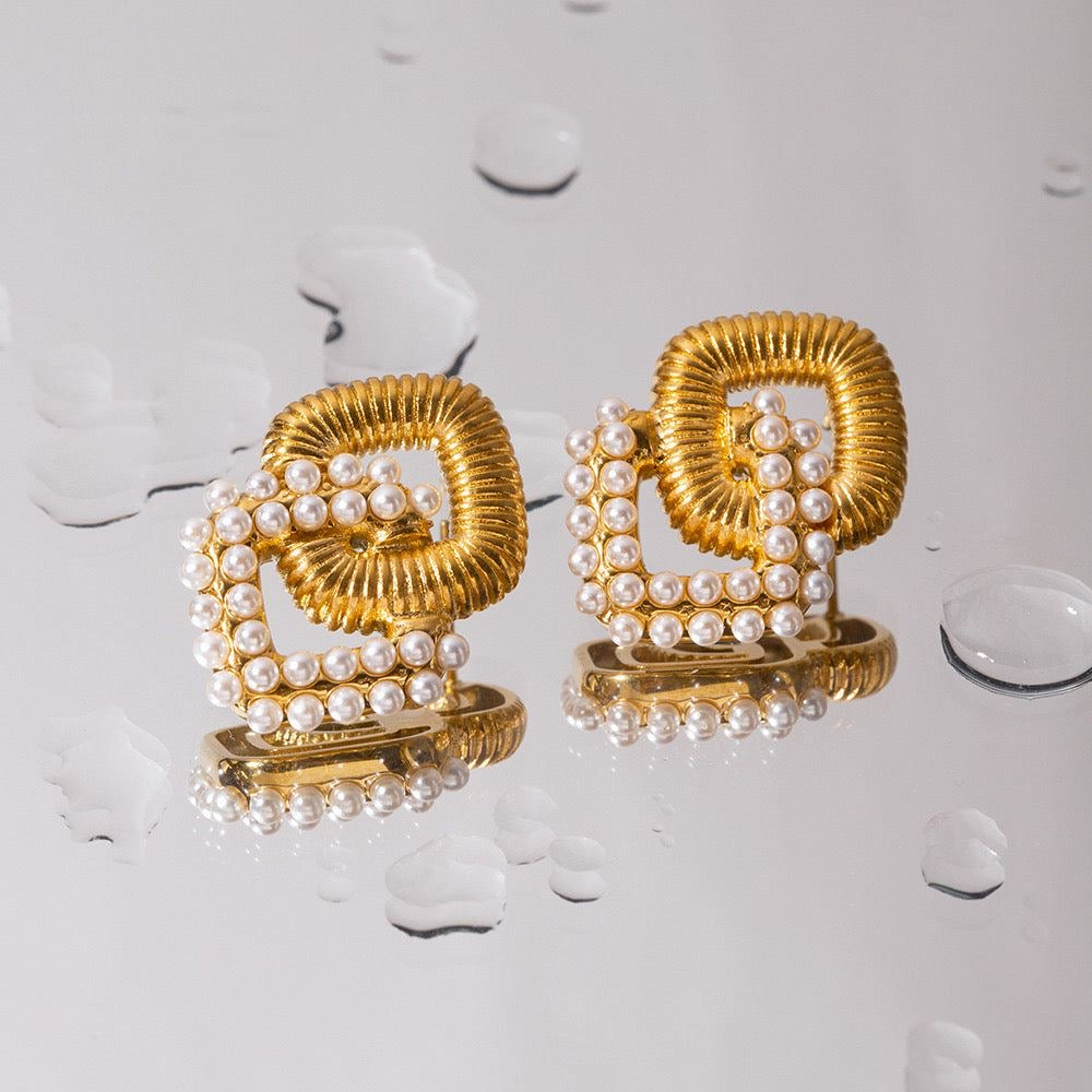 Pearl & Threaded Square Earrings