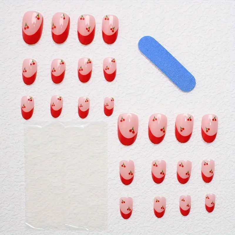 24pcs Cherry French Nails