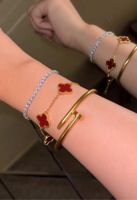CartNail Bangle With Red Clover & Silver Tennis Bracelet