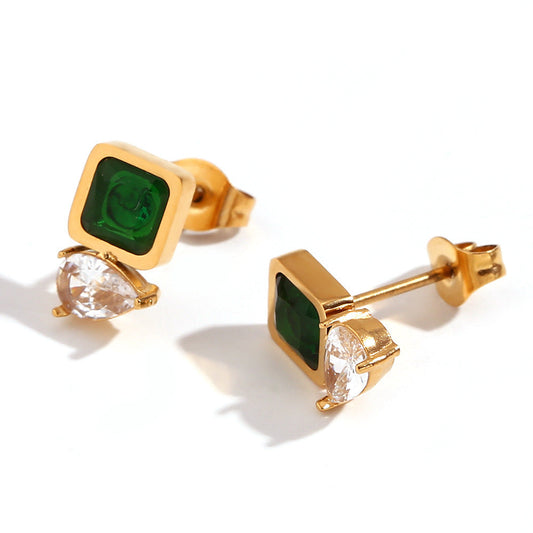 Elegant Square Green Stone & Teardrop Diamond Look Studs