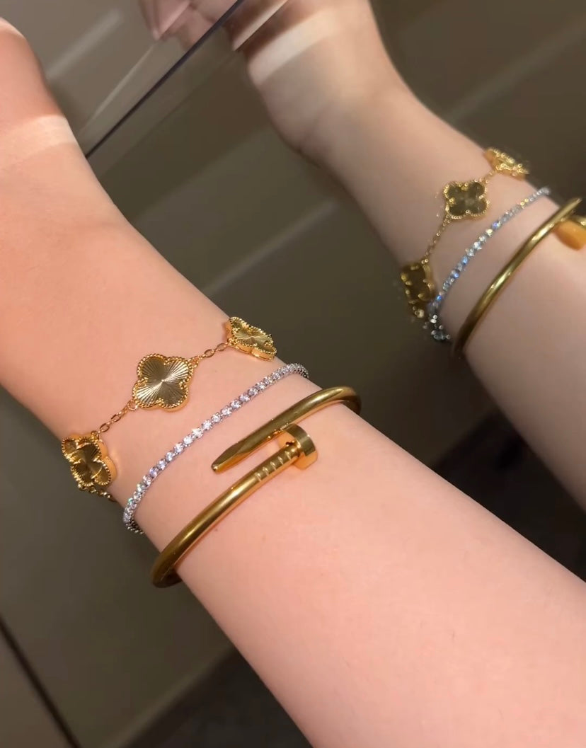 Cart Nail Bangle With Golden Clover & Silver Tennis Bracelet