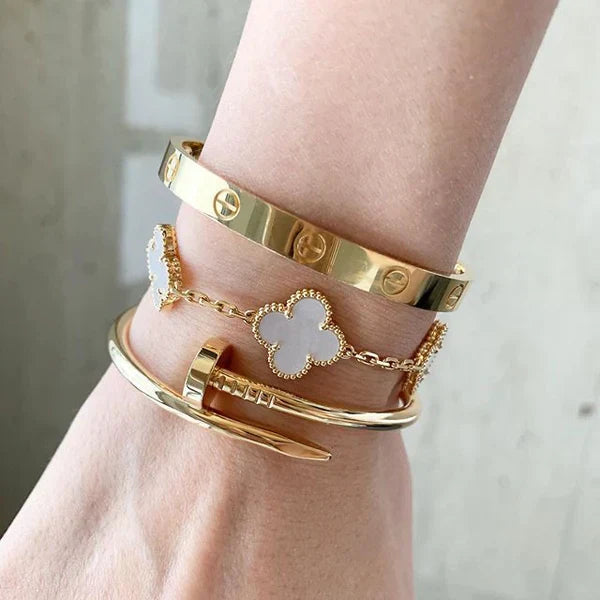 C Love & Nail Bangle With White Clover Bracelet Stack Trio set