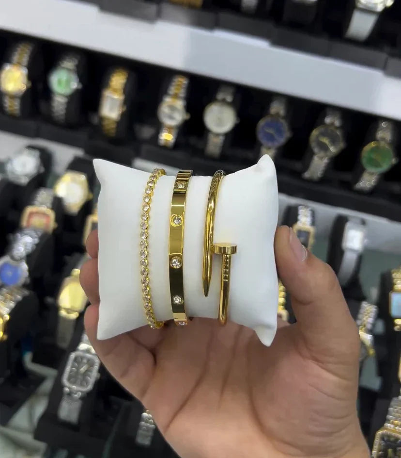 C Nail And Love Bangle With Tennis Bracelet Stack Set