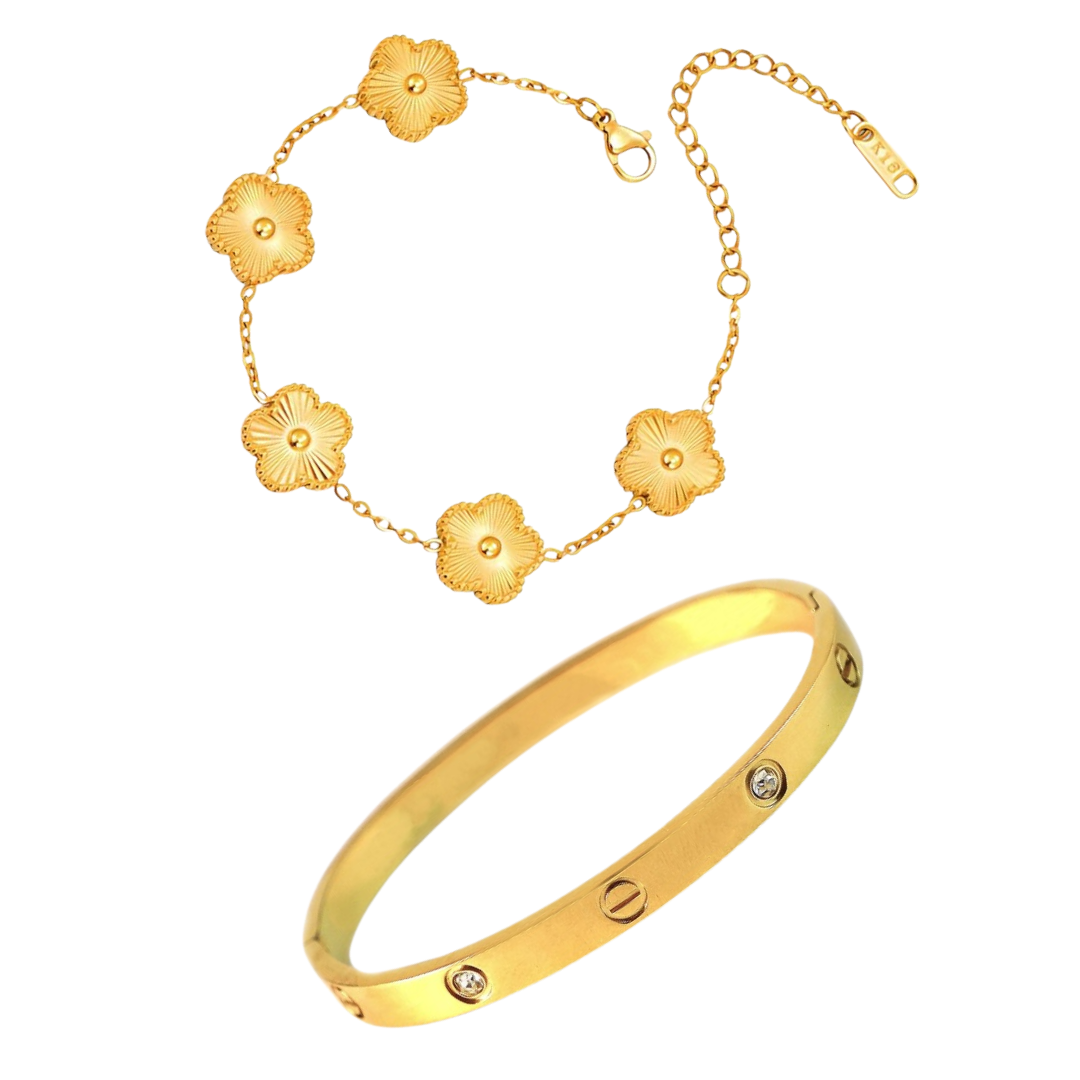 Love Bangle with Golden Clover Bracelet Stack Set