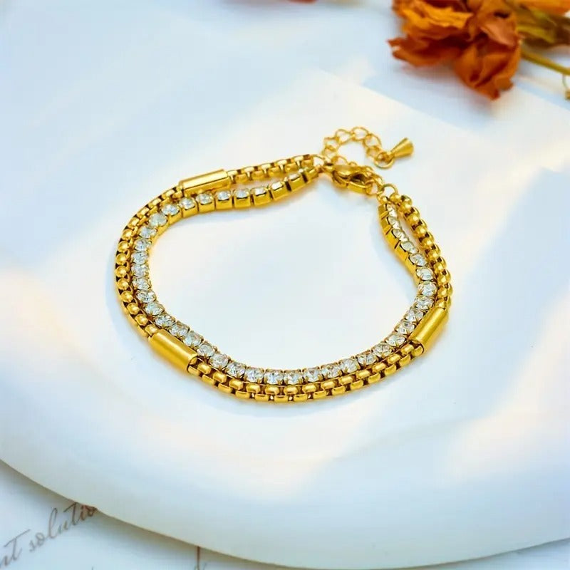Double Chain Sparkling Rhinestones Bracelet