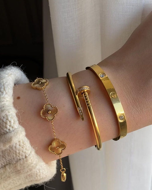 Cart Love & Nail Bangle With Golden Clover Bracelet Stack Trio set